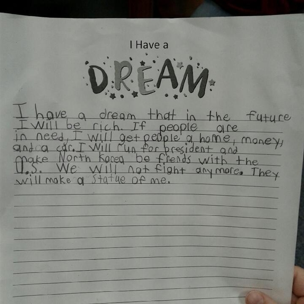 My nephew read his Dream speech at school today My mom sent me a picture of his speech  Go get that statue