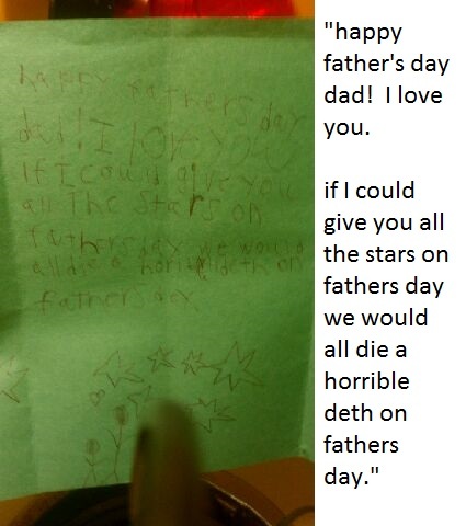 My nephew shows his understanding of the nature of stars in his homemade fathers day card to his Dad