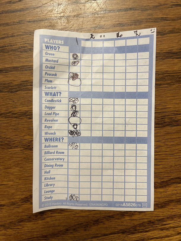 My nephews notecard after winning an hour long  person game of Clue