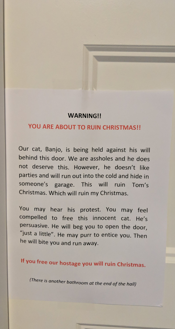 My parents have a Festivus party every year and this year I found this sign on their bedroom door