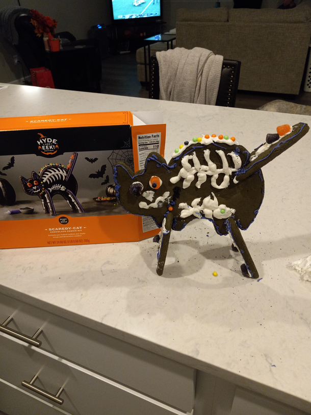 My partner and I tried to make a gingerbread cat for Halloween I think ours is spookier