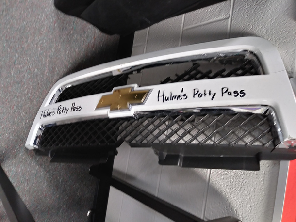 My physics teacher back in highschool had this grill of an old Chevy and made his students take this to the bathroom as a hallpass