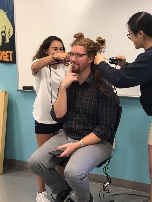 My physics teacher is letting us straighten his hair before he shaves it for charity link in comments