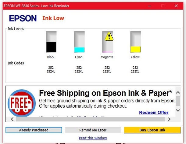 My printers colorful low ink warning pop-up has a print this window link