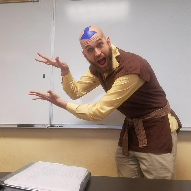 My professor made a bet that no one would make an A on his test if he lost he would dress up as the Avatar for our class on Halloween 
