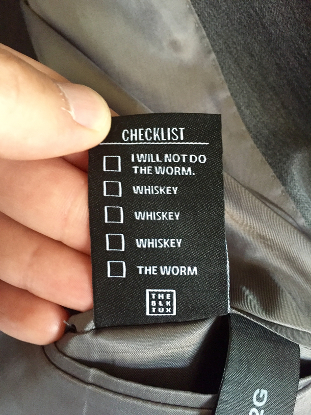 My rented tuxedo had an extra tag on the inside jacket pocket to help me get through the wedding