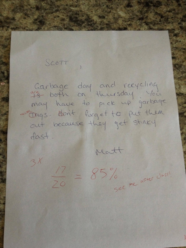 My roommate leaves me notes to remind me to do chores This makes him angry