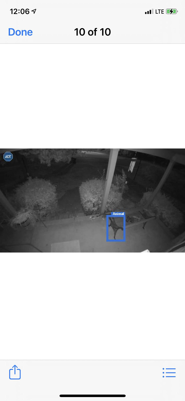 My security system identified the arm of the bench on my porch as an animal