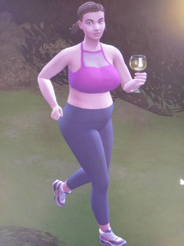 My sim who just took her glass of wine with her on a jog What a mood