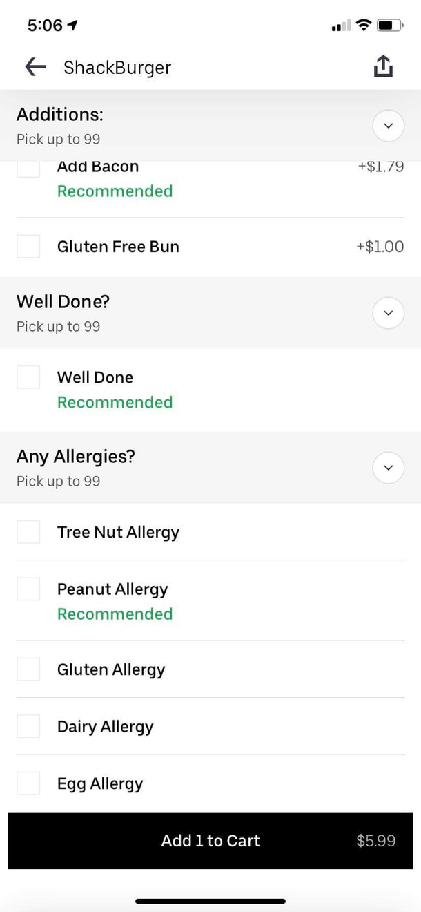 My sis is ordering Shake Shack and Uber Eats recommends the peanut allergy