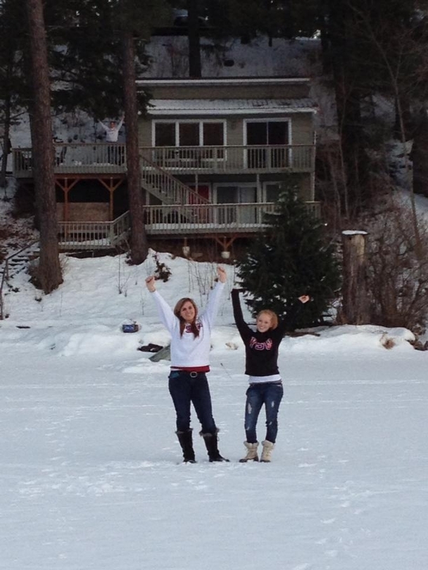 My sister and her friend were excited to walk across the frozen lake Guess my dad was excited too