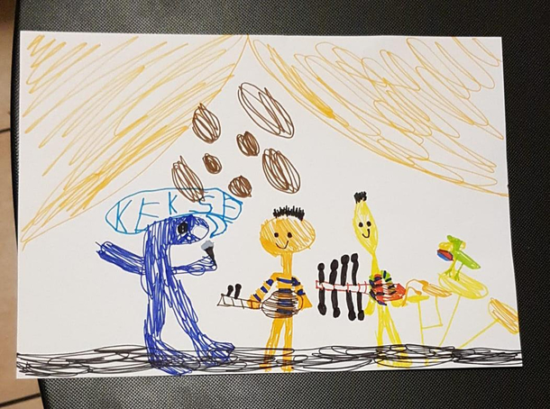 My sister drew my mothers view of a metal band the cookie monster as the singer ernie and bert as guitarist and bassist and kermit on the drums