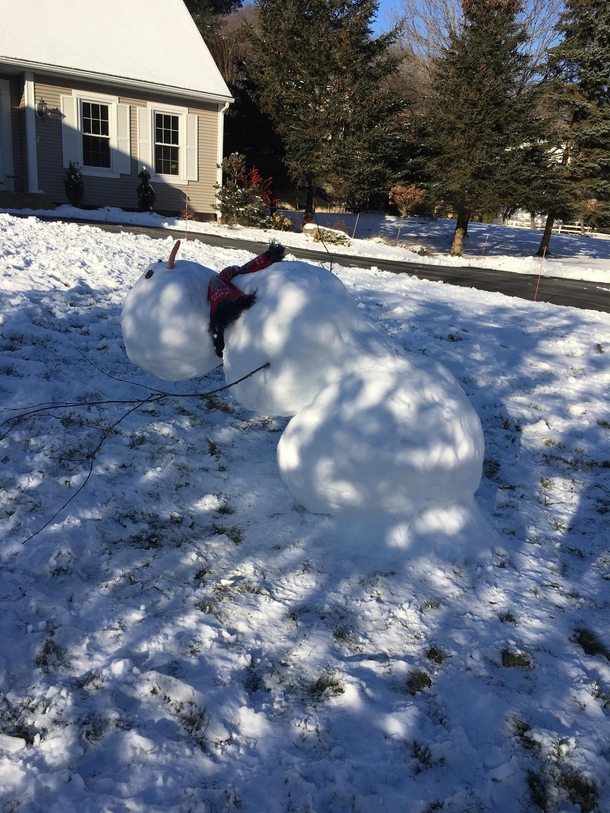 My snowman clearly had a couple too many drinks last night