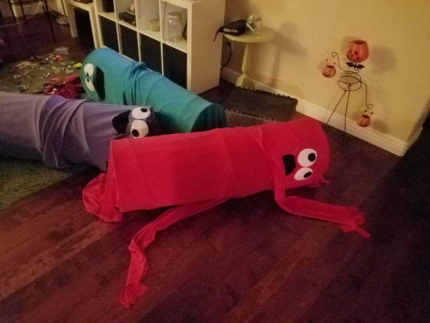 My son and his friends went as Wacky Waving Inflatable Arm Flailing Tubemen for Halloween a few years ago The after party must have been crazy