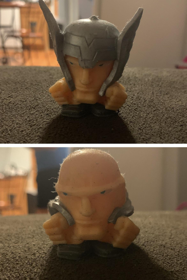 My son collects these squishy things called mashems Thor went from badass to terry bradshaw