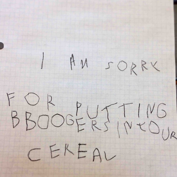 My son had to write a little letter to his sister this morning