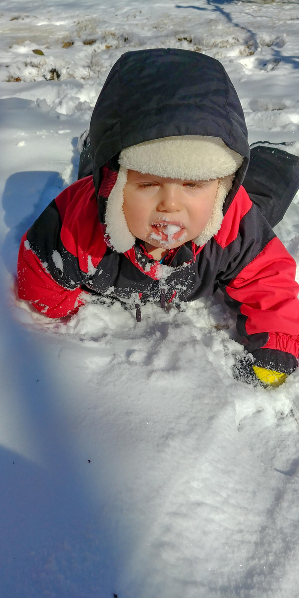 My sons very st step in the snow went better than I hoped