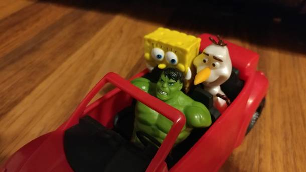 My three-year-old daughter put this grouping of her toys together an unstoppable rage monster stuck in a little car with two completely smashable but indestructible loveable annoying characters Ive never wanted to see a movie so bad