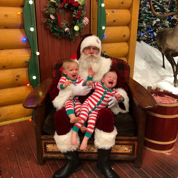 My twins hated their first visit with Santa - I believe Santa felt likewise