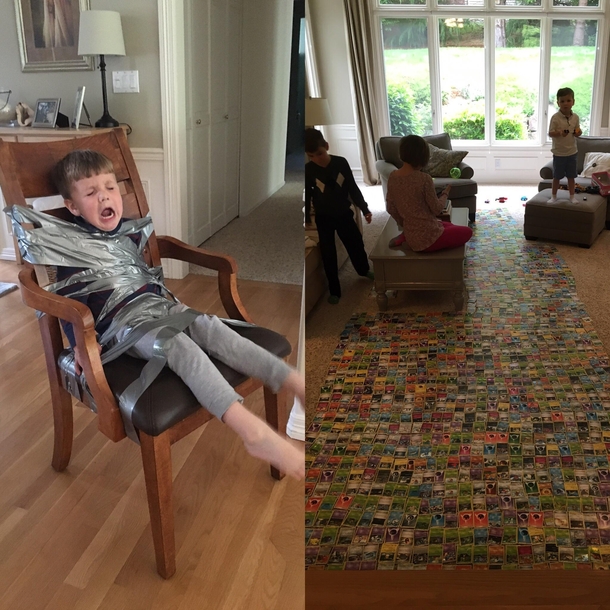 My two older children were trying to lay out all of their Pokmon cards but the youngest kept intervening so they duct taped him to a chair