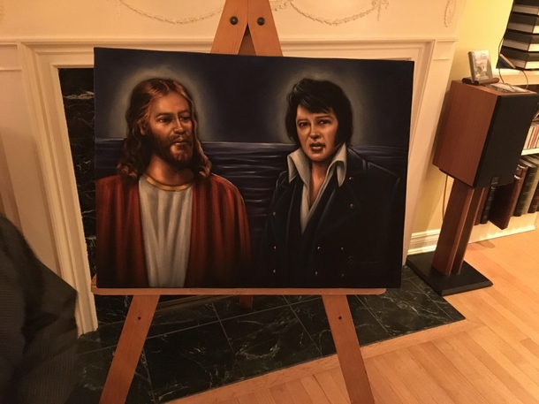 My Uncle is a Pastor and collects Tacky Religious Art as a fun hobby Today was his birthday and I finally got him the one piece he has been searching for Three years of searching and finally presenting The Two Kings Acrylic on Black Velvet Canvas