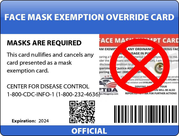My unofficial non-governmental bureau my desktop pc has issued an updated no mask exemption override card