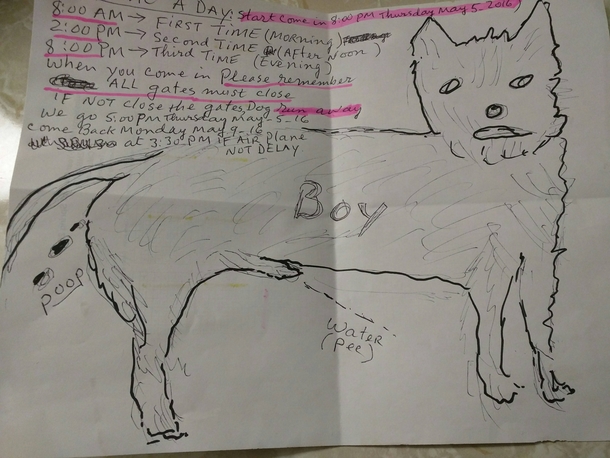 My vietnamese dads instructions for his dogsitter complete with illustration
