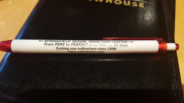 My waitress left me this pen to sign my dinner check