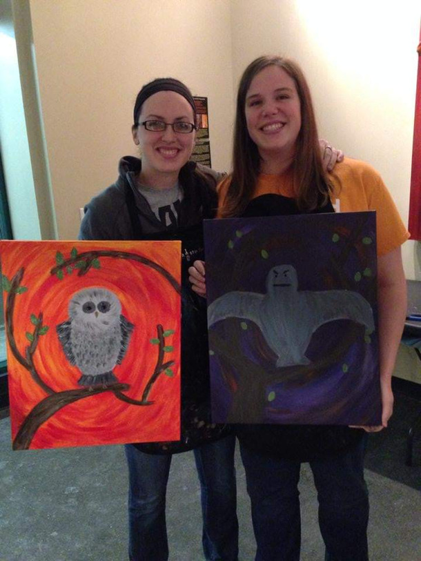 My wife and I after a paint bar session The subject was an owl