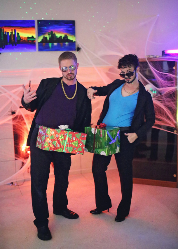 My wife and I as Dick in a Box a few years ago It took a while for her friends to recognize her