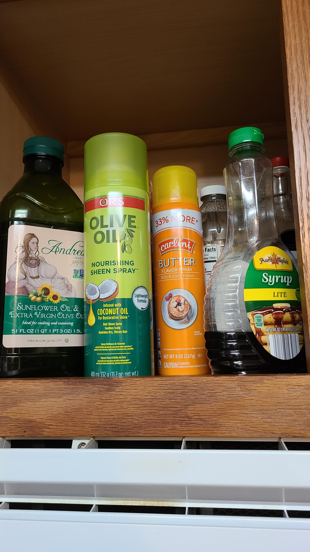 My wife and I went shopping and I helped put things up Apparently this olive oil doesnt belong in the kitchen