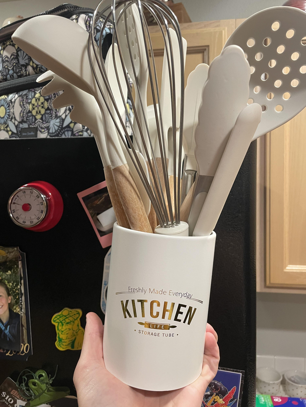 My wife brought home this freshly made everyday kitchen life storage tube and it just fucking cracks me up every time I see it