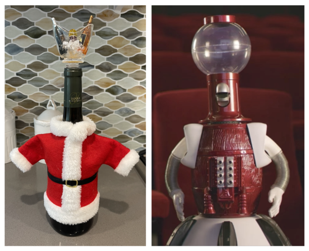 My wife dressed up this wine bottle as Tom Servo Im not sure why