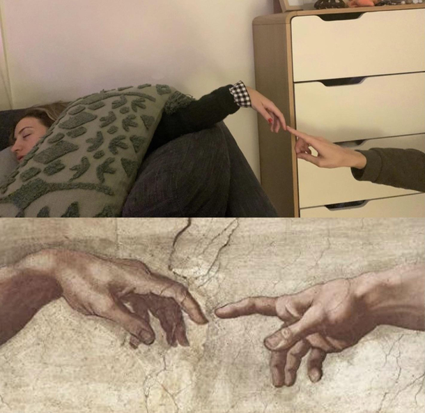 My wife fell asleep like this during a move so I decided to recreate The creation of Adam