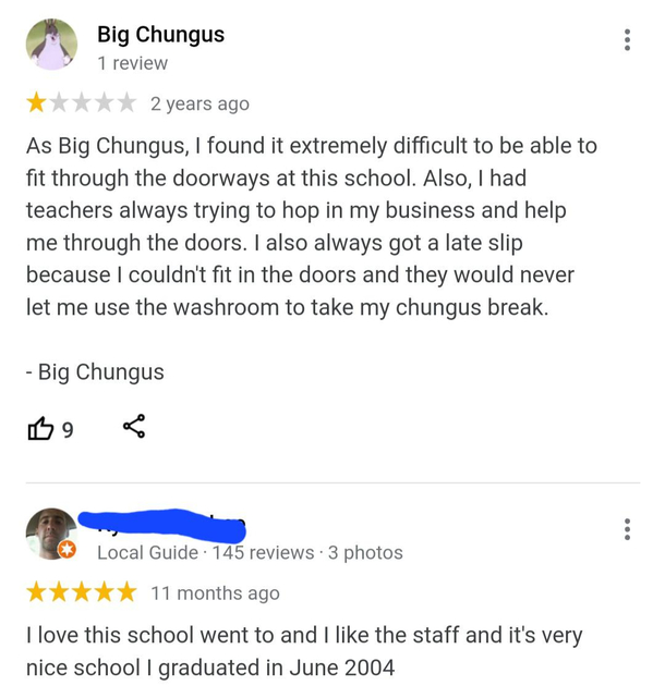 My wife has been reviewing high-schools and has found comedy gold Thanks for the review Big Chungas