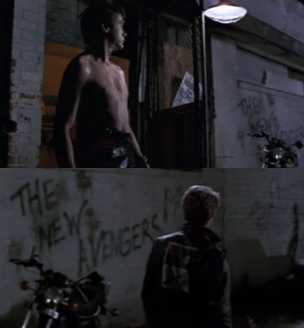 My wife pointed out the prophetic graffiti Robert Downey Jr is standing near in the film Tuff Turf 