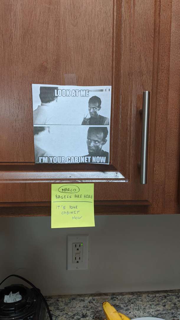 My wife rearranged the kitchen and gave our roommate his own cabinet I couldnt help myself