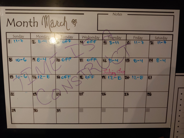 My wife was laid off due to covid- non-essential retail this is her new schedule on the fridge