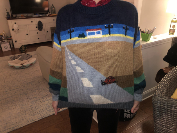 My wifes mother unintentionally knitted a sweater thats reminiscent of Pole Position and other s arcade games