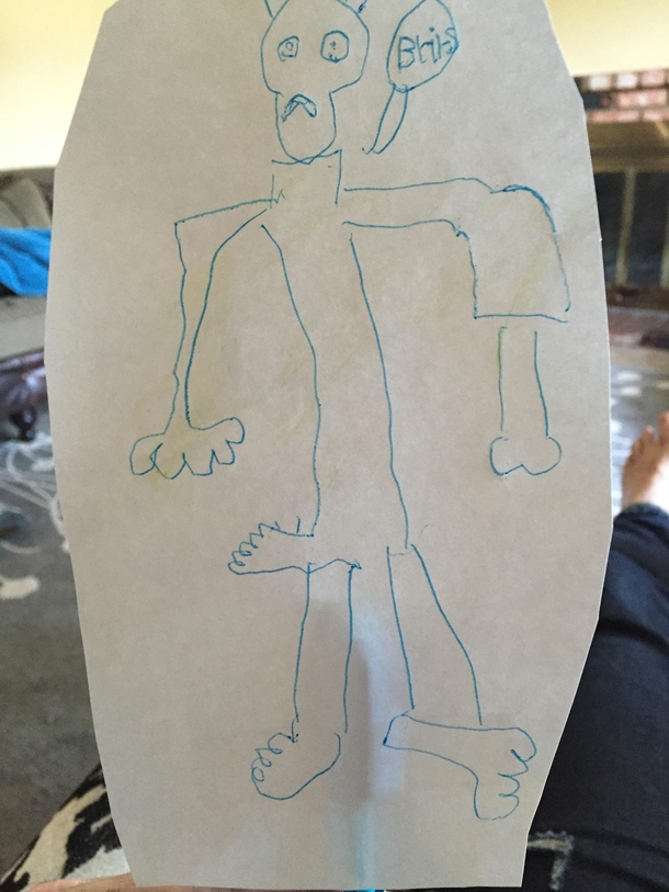 My  year old boy drew a picture of a scary zombie He said he added a third leg to make it extra scary
