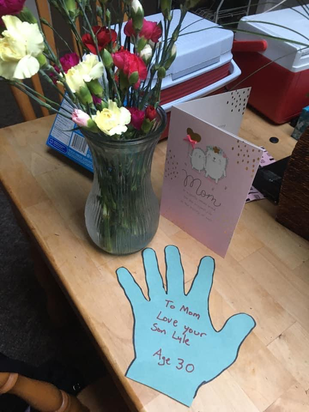 My  year old brother fully cognitive made this for my mom this Mothers Day