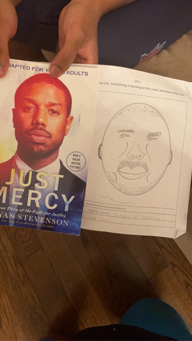 My  year old brothers attempt at drawing Micheal B Jordan