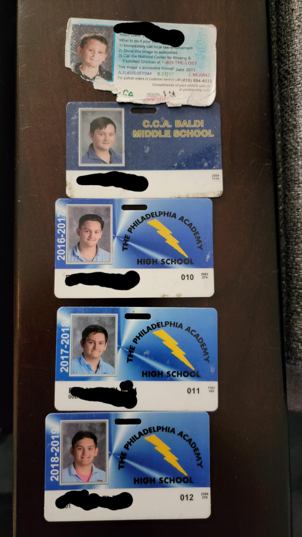 My  year old college sophomore step son has been walking around with  years of school IDs in his wallet
