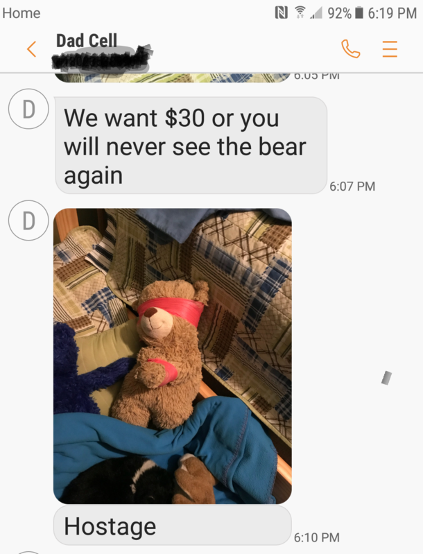 My  year old couldnt find his beloved teddy bear turns out he accidentally left him at my Dads house This is the text my Dad sent to let us know he found the bear