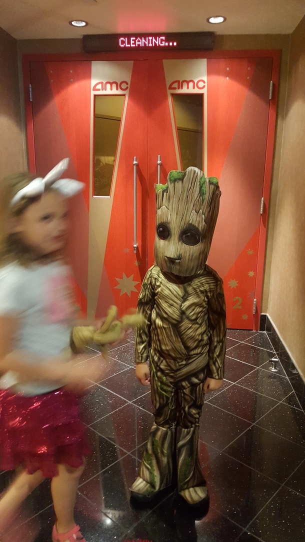 My  year old insisted on dressing up as groot to see the new guardians of the galaxy