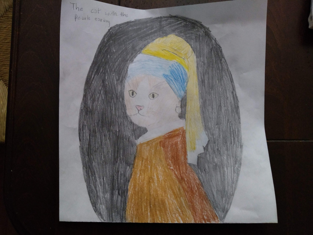 My  year old neighbor Julia drew this parody The Cat with the Pearl Earring