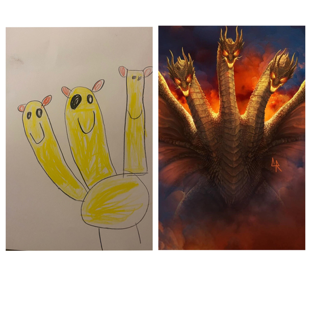 My  year old nephew loves Godzilla and was pretty proud of his King Ghidorah drawing