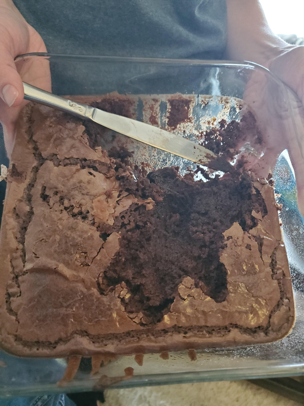 My  year old ran inside to go to the bathroom but apparently took a detour for a fistful of brownies Theres literally a handprint in the middle of the pan