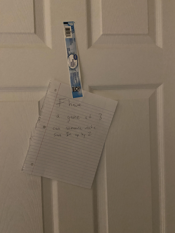 My year old son left this on his door He has a roller hockey game at pm 