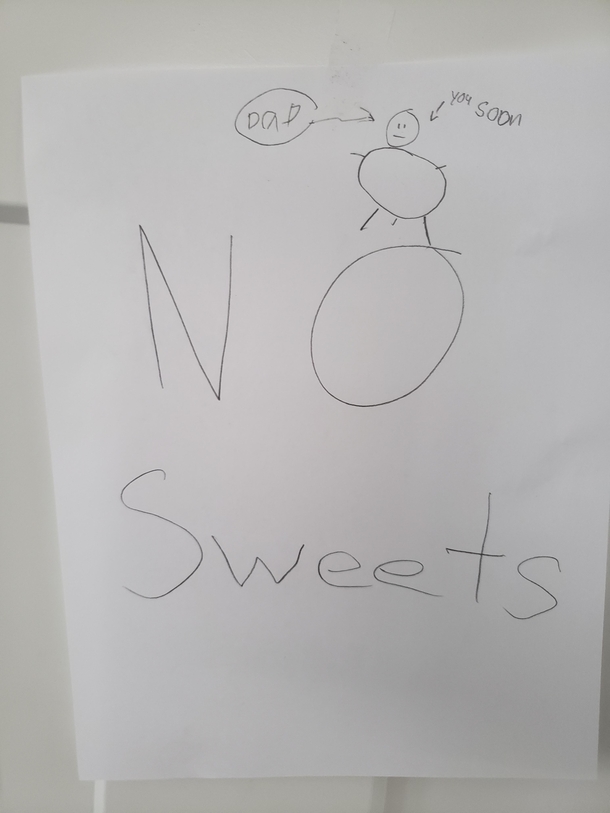 My  year old son says I am getting fat and decided to put this on our pantry door for me